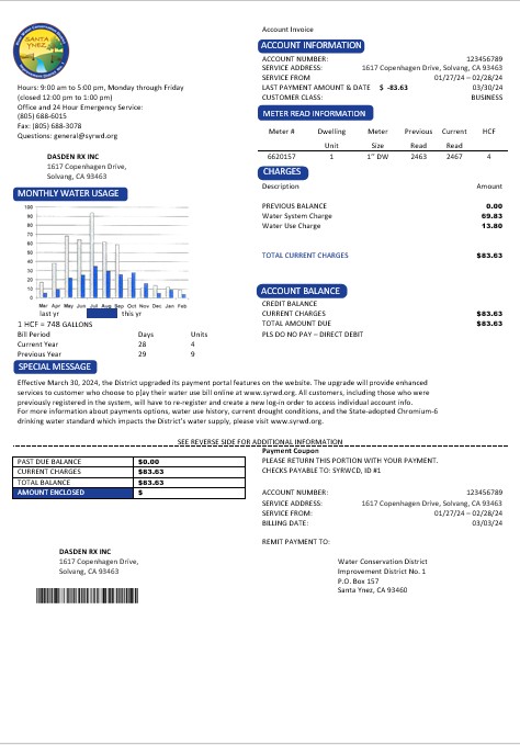 USA California Santa Ynez water business utility bill template in Word and PDF formats
